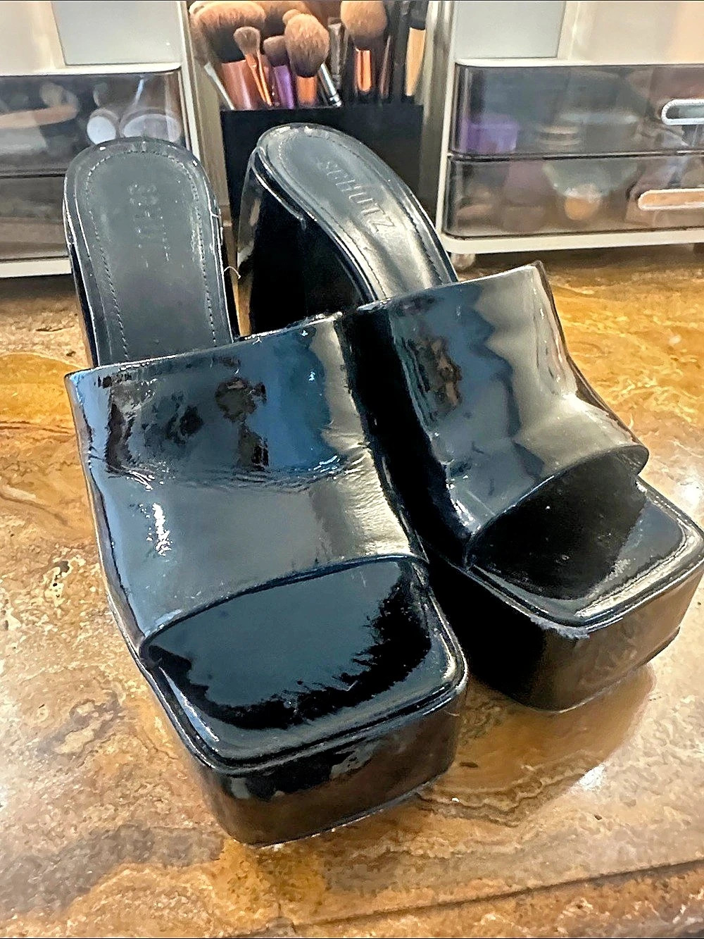 Schutz Arlene Patent Leather Platform Sandal Black Patent Heels